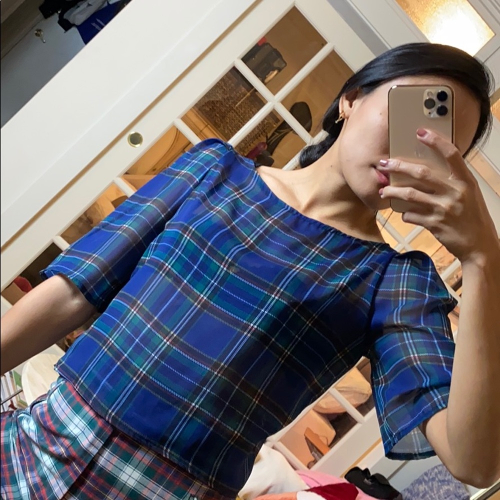 American Apparel Cropped Plaid Chiffon Top - Picture 3 of 8